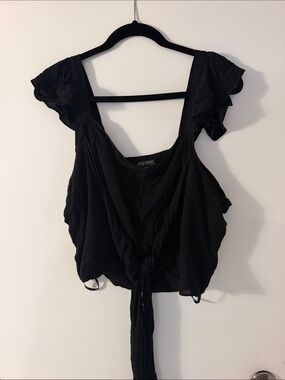 City Chic Black Tie-Front Ruffle Sleeve Crop Top